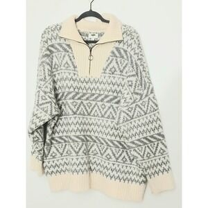 Aerie Oversized Sweater Large Fair Isle Zip Up Cream Gray Pullover Cozy Comfort